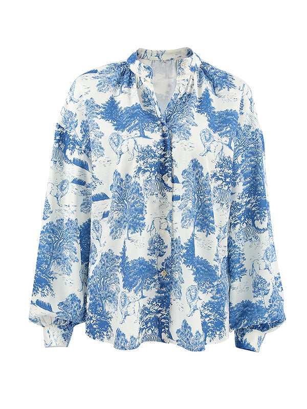 Loose Puff Sleeves Floral Printed Pleated Split-Joint Stand Collar Blouses&Shirts Tops