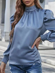 Loose Puff Sleeves Elasticity Hollow Pleated Split-Joint Stand Collar Blouses