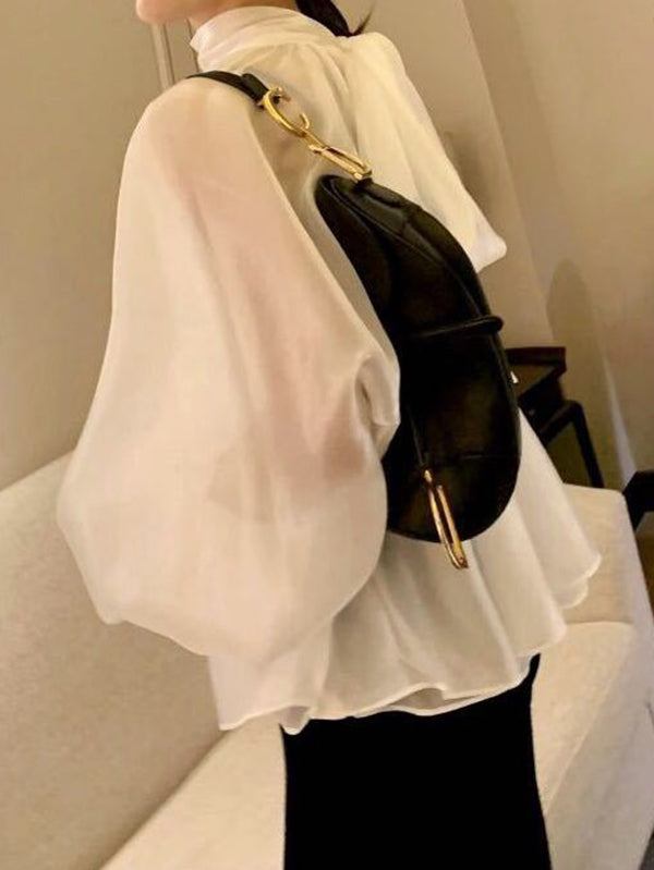 Urban Black&White Puff Sleeves High-Neck Blouse