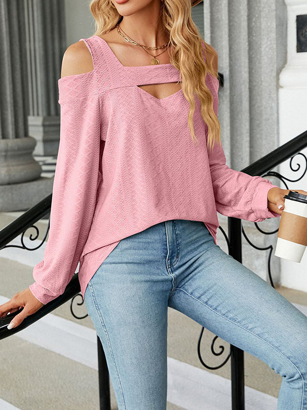 Long Sleeves Loose Hollow Jacquard Solid Color U-Neck T-Shirts Tops