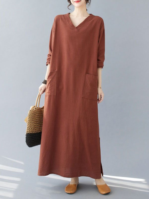 A-Line Long Sleeves Pockets Solid Color Split-Side V-Neck Maxi Dresses