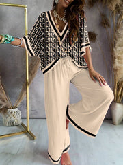 Urban Loose Printed V-Neck T-Shirts Tops& Drawstring Wide Leg Pants Suits