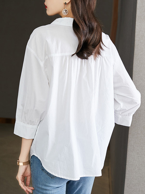 Simple Casual Loose Puff Sleeves White Blouse