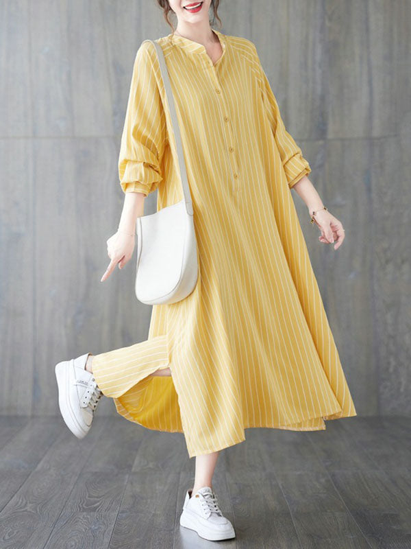 Long Sleeves Loose Buttoned Split-Side Striped Round-Neck Midi Dresses Shirt Dress