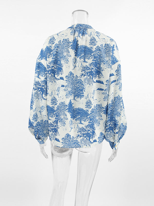 Loose Puff Sleeves Floral Printed Pleated Split-Joint Stand Collar Blouses&Shirts Tops