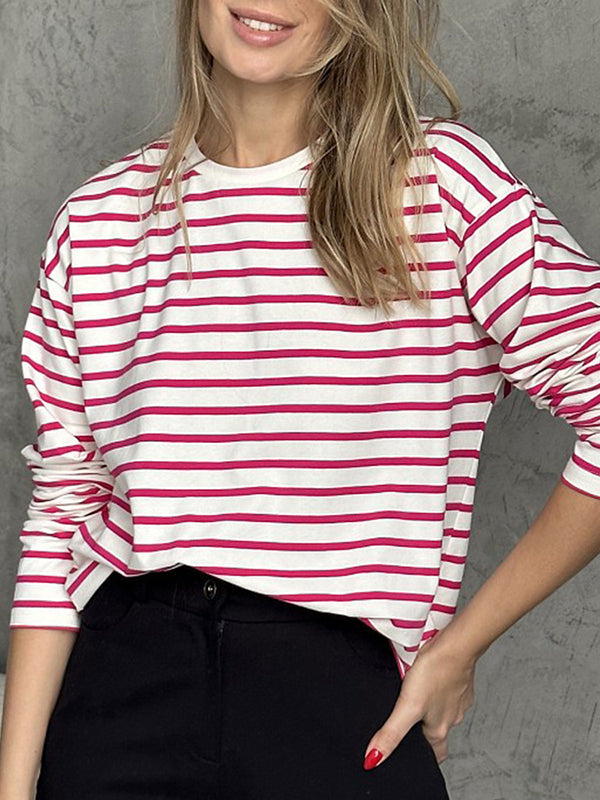 Long Sleeves Loose Striped Round-Neck T-Shirts Tops