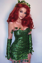 Fairy Elf Halloween Ivy Trim Glove Sleeveless Sequin Party Mini Dress - Green