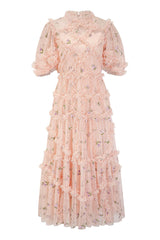 Fairy Floral Embroidered Puff Sleeve Ruffle Tiered Tulle Evening Maxi Dress