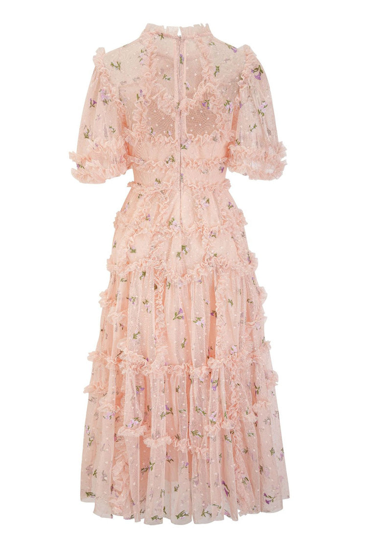 Fairy Floral Embroidered Puff Sleeve Ruffle Tiered Tulle Evening Maxi Dress