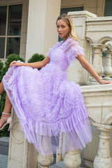 Fairy V Neck Flutter Sleeve Star Print Tulle Tiered Ruffle Maxi Gown Dress - Purple