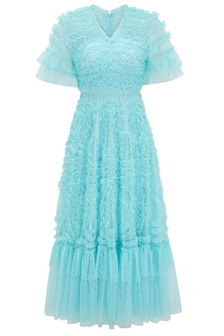 Fairy V Neck Flutter Sleeve Star Print Tulle Tiered Ruffle Maxi Gown Dress - Blue