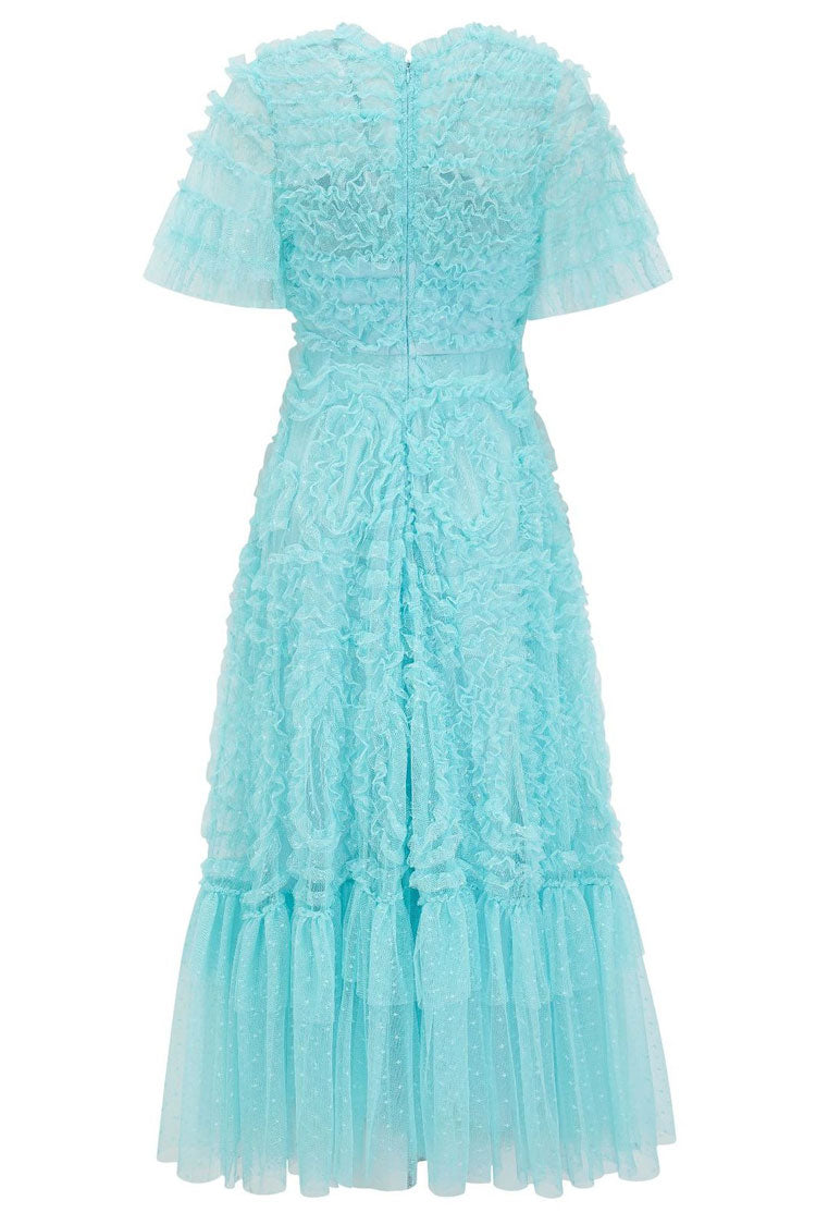 Fairy V Neck Flutter Sleeve Star Print Tulle Tiered Ruffle Maxi Gown Dress - Blue