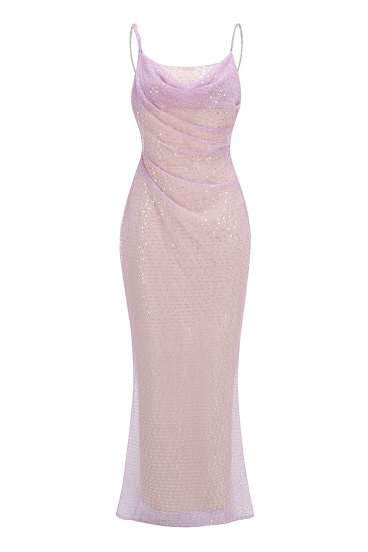 Fairytale Cowl Neck Crystal Strap Sequin Mesh Mermaid Evening Maxi Dress