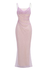 Fairytale Cowl Neck Crystal Strap Sequin Mesh Mermaid Evening Maxi Dress