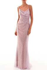 Fairytale Cowl Neck Crystal Strap Sequin Mesh Mermaid Evening Maxi Dress