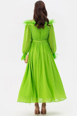 Fairytale Feather Trim Off Shoulder Pleated Chiffon Evening Maxi Dress - Green