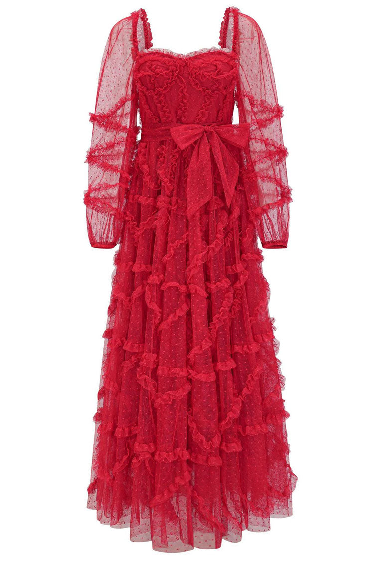 Fairytale Sweetheart Belted Dotted Tulle Layered Ruffle Maxi Gown Dress - Red