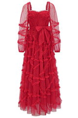 Fairytale Sweetheart Belted Dotted Tulle Layered Ruffle Maxi Gown Dress - Red