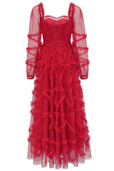 Fairytale Sweetheart Belted Dotted Tulle Layered Ruffle Maxi Gown Dress - Red