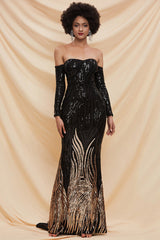 Fancy Sequin Slit Long Sleeve Off Shoulder Maxi Evening Dress - Black