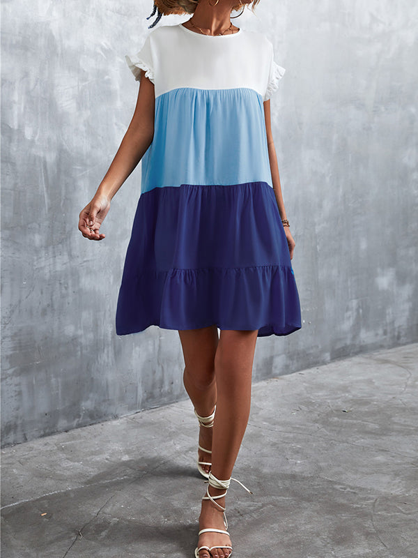 Loose Ruffle Sleeves Contrast Color Falbala Pleated Split-Joint Round-Neck Mini Dresses