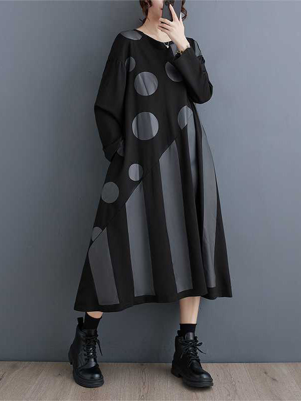 A-Line Long Sleeves Asymmetric Polka-Dot Split-Joint Striped Round-Neck Midi Dresses