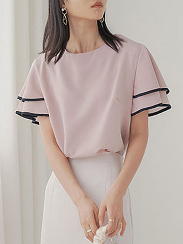 Short Sleeves Falbala Tiered Round-Neck T-Shirts Tops