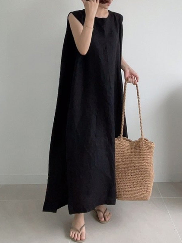 Casual Simple Solid Color Split-Side Round-Neck Sleeveless Midi Dress