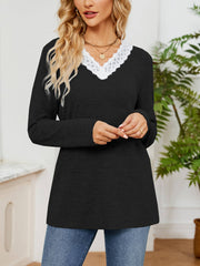 Solid Lace V-neck Patchwork Loose Sleeved T-shirt Top