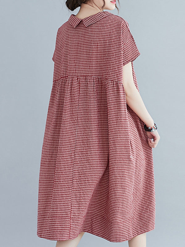 Artistic Retro Loose Plaid Buttoned Lapel Collar Midi Dress