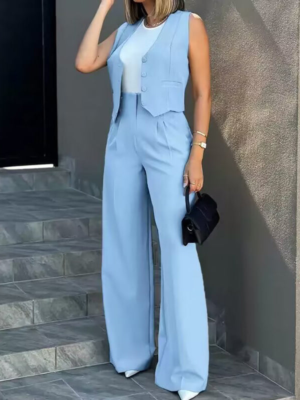 Solid Color Split-Joint Sleeveless Vest Jacket + High Waisted Pleated Suit Pants Trousers Two Pieces Set