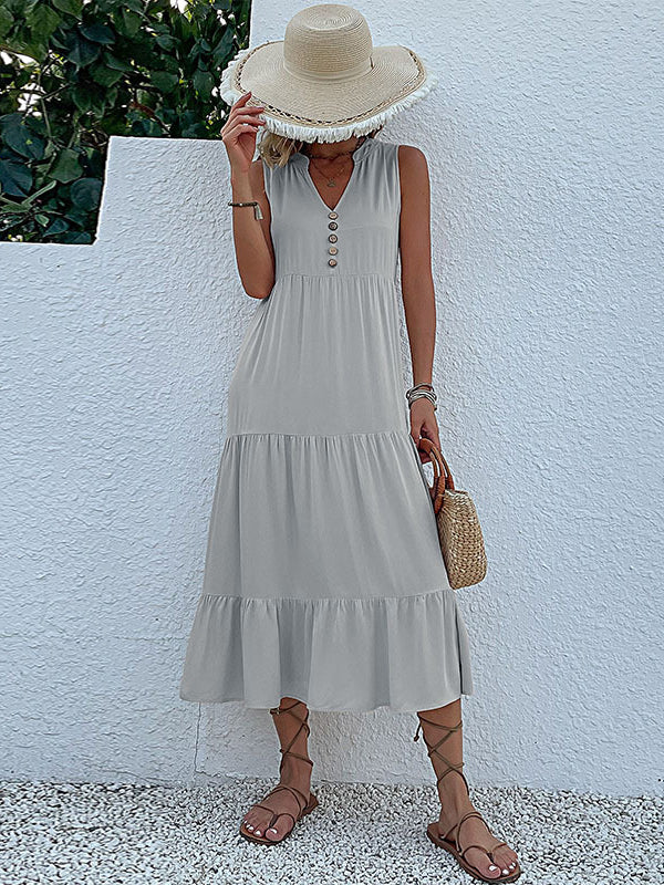 Loose Sleeveless Pleated Split-Joint V-Neck Midi Dresses