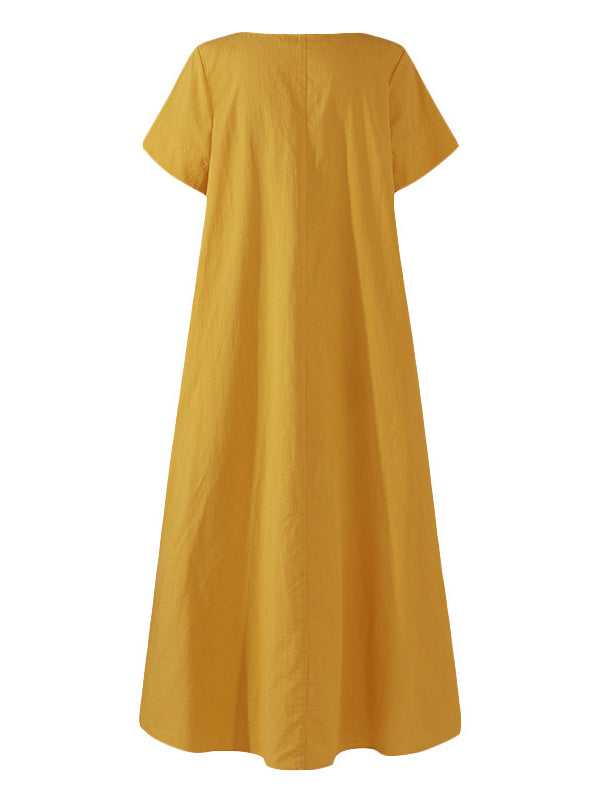 Simple Solid Color U-Neck Pleated Short Sleeves Maxi Dress