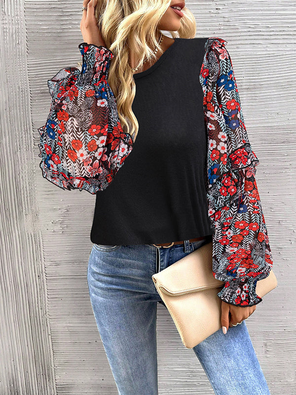 Long Sleeves Loose Flower Print Split-Joint Round-Neck Blouses&Shirts Tops