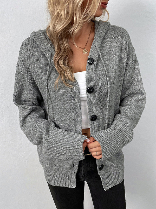 Simple Long Sleeves Loose Buttoned Solid Color Hooded Cardigan Coats