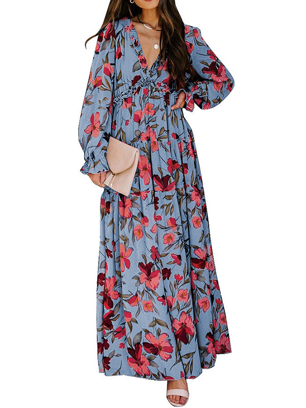 High Waisted Long Sleeves Flower Print Pleated Ruffled V-Neck Maxi Dresses