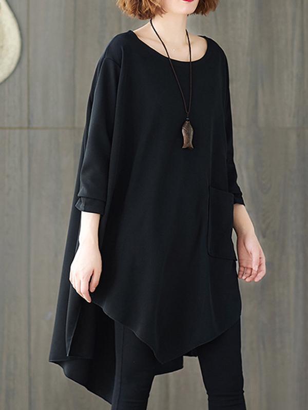 Loose Black Cropped Solid Long Sleeve T-Shirt