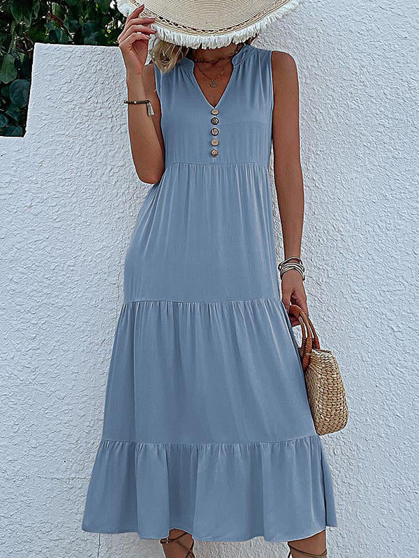 Loose Sleeveless Pleated Split-Joint V-Neck Midi Dresses