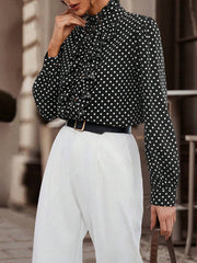 Loose Puff Sleeves Floral Pleated Polka-Dot Split-Joint Stand Collar Blouses