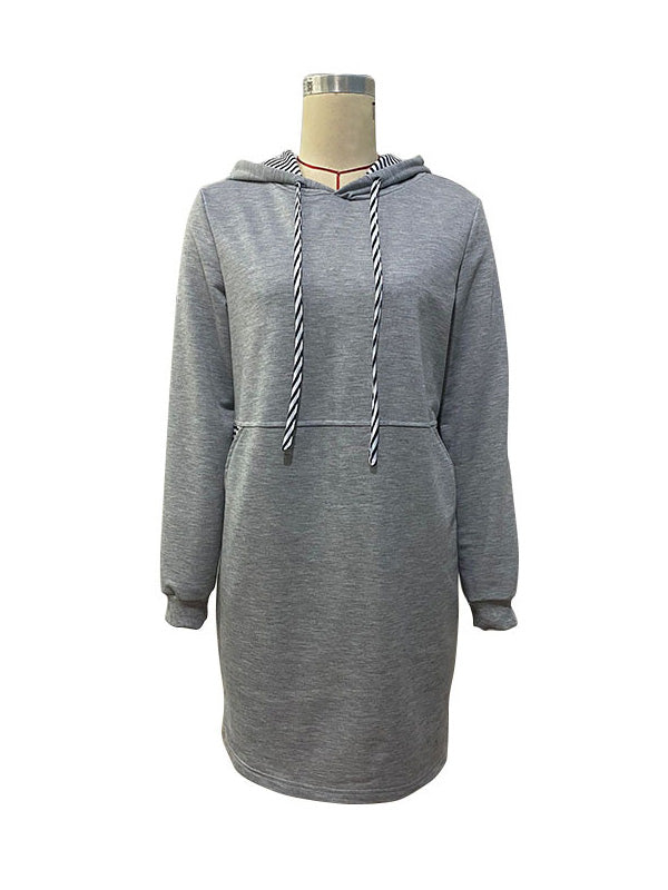 A-line Long Sleeves Drawstring Pockets Hooded Hoodies Tops Mini Dresses