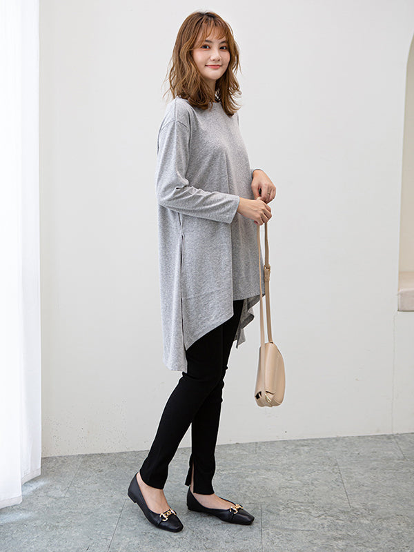 Casual High-Low Long Sleeves Solid Color Round-Neck T-Shirts Tops