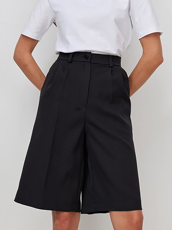 High Waisted Loose Pleated Solid Color Split-Joint Half Pants Shorts Bottoms