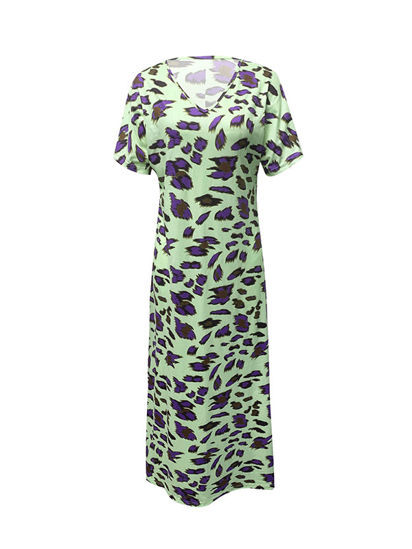 Loose Short Sleeves Printed Split-Side V-Neck Maxi Dresses