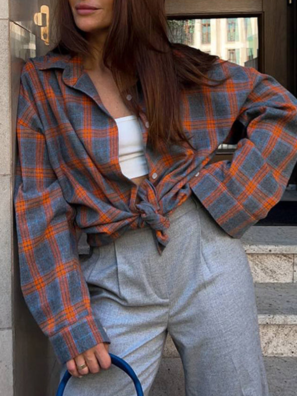 Long Sleeves Loose Buttoned Plaid Pockets Split-Joint Lapel Blouses&shirts Tops