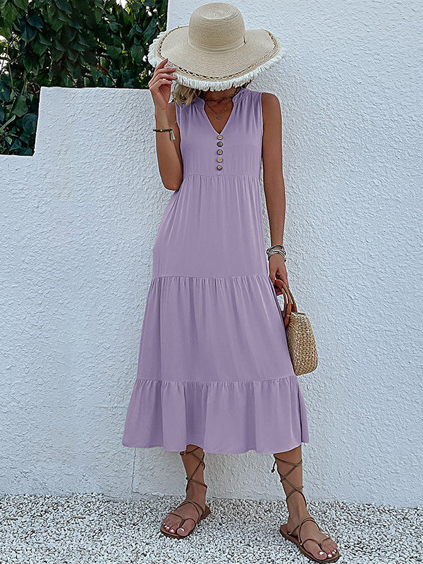 Loose Sleeveless Pleated Split-Joint V-Neck Midi Dresses