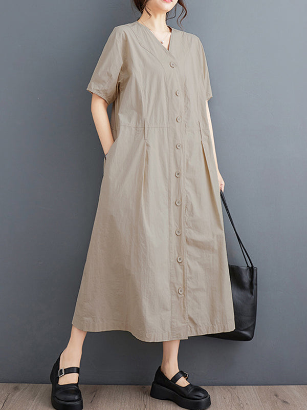 A-Line Loose Buttoned Pockets Solid Color V-Neck Midi Dresses