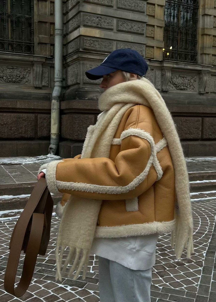 Cozy Shearling-Trimmed Short Wool Coat