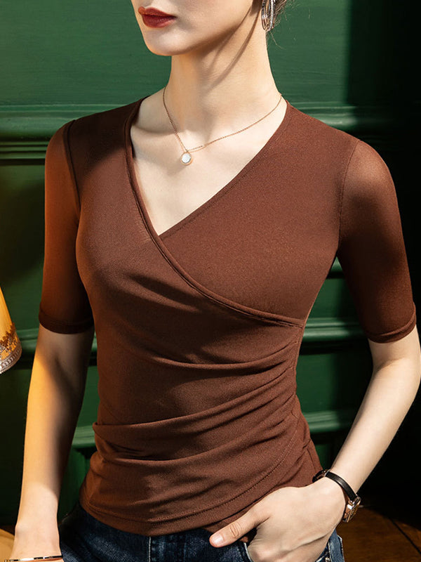 Half Sleeves Skinny Solid Color V-Neck T-Shirts Tops