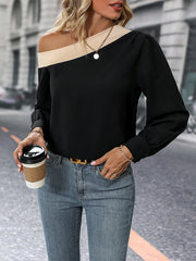 Long Sleeves Loose Asymmetric Contrast Color Pleated Split-Joint One-Shoulder Blouses&Shirts Tops