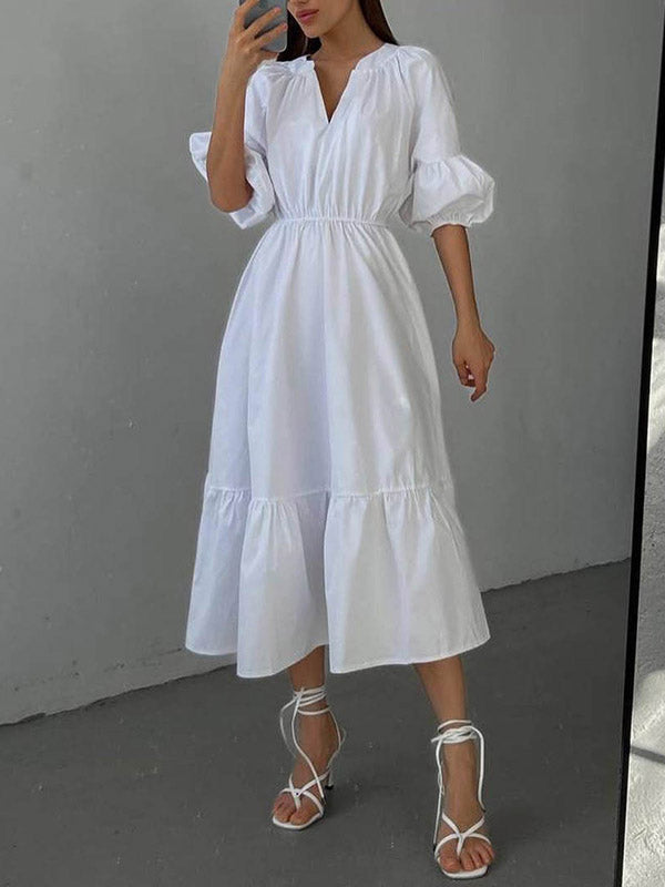 A-Line Half Sleeves Elasticity Pleated Solid Color V-Neck Midi Dresses